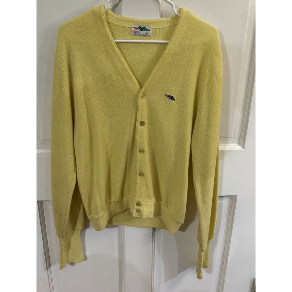 Vintage 1970s Sears Braggin Draggin Yellow Acrylic Cardigan Large Men's